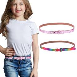 Amaxiu 2er Pack dünner Gürtel für Mädchen, Glitzergürtel niedlicher glänzender PU Ledergürtel verstellbarer Taillengürtel für Jeans Kleid(rosa+farbe) von Amaxiu