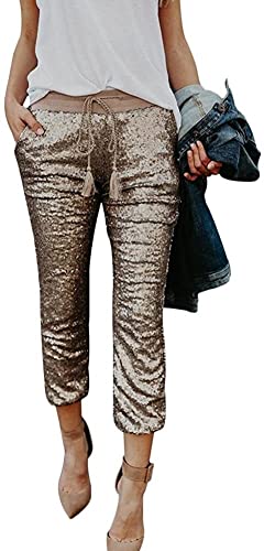 Amayay Damen Pailletten Legging Hose Damen Einfacher Stil Stretch Kordelzug Taille Hohe Taille Silber Gold Hose (Color : Gold, Einheitsgröße : XL) von Amayay