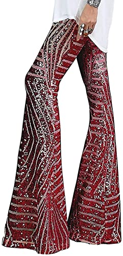 Amayay Damen Pailletten Schlaghose Mit Hoher Einfacher Stil Taille Und Weitem Bein Schlaghose Disco Hose Vintage Damen Freizeithose (Color : Rot, Einheitsgröße : L) von Amayay