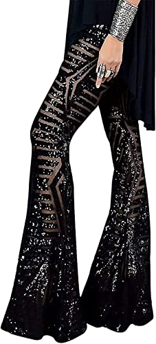 Amayay Damen Pailletten Schlaghose Mit Hoher Einfacher Stil Taille Und Weitem Bein Schlaghose Disco Hose Vintage Damen Freizeithose (Color : Schwarz, Einheitsgröße : XL) von Amayay