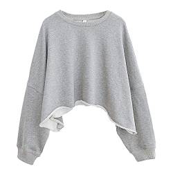 Amazhiyu Damen Cropped Hoodie Pullover Langarm Rundhals Crop Tops Oversize Fit für Herbst, grau, XS/S von Amazhiyu