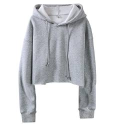 Amazhiyu Damen Cropped Hoodies Langarm Fleece Crop Top Sweatshirt mit Kapuze, grau meliert, M/L von Amazhiyu