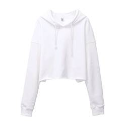 Amazhiyu Damen Cropped Hoodies Langarm Fleece Crop Top Sweatshirt mit Kapuze, weiß, Small-Medium von Amazhiyu