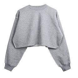 Amazhiyu Damen Cropped Sweatshirt Pullover Fleece Cropped Hoodie Lange Ärmel Casual Crop Top für Herbst Winter, hellgrau, 46 von Amazhiyu
