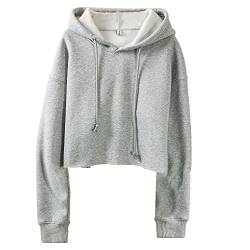 Amazhiyu Damen Fleece Cropped Hoodie Langarm Winter Casual Sweatshirt mit Kapuze, grau meliert, 38 von Amazhiyu