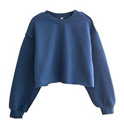 Amazhiyu Damen Pullover Fleece Cropped Hoodie Lange Ärmel Casual Crop Top für Herbst Winter, blau, 46 von Amazhiyu
