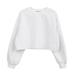 Amazhiyu Damen Pullover Fleece Cropped Hoodie Lange Ärmel Casual Crop Top für Herbst Winter Weiß, Medium, Small-Medium von Amazhiyu