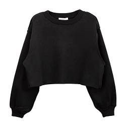 Amazhiyu Pullover Damen Beschnitten Pullover Sweatshirt Langarm Rundhals Pulli Herbst Winter ohne Kapuze Bluse Tops schwarz von Amazhiyu