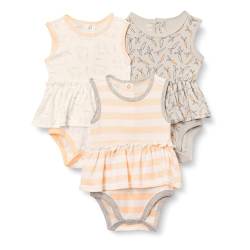 Amazon Essentials Baby Mädchen Ärmellose Bodysuit-Kleider, 3er-Pack, Grau Carrots/Hellorange Rugby-Streifen/Weiß Kaninchen, 12 Monate von Amazon Essentials