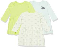 Amazon Essentials Baby Mädchen Langarm-Kleid, 3er-Pack, Creme/Hellblau/Zitronengelb Punkte/Nilpferd, 0 Monate von Amazon Essentials