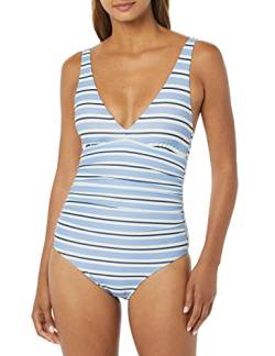 Amazon Essentials Damen Figurformender Badeanzug mit Tiefem Ausschnitt, Blau Querstreifen, 44 von Amazon Essentials