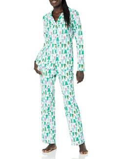 Amazon Essentials Damen Flanell-Schlafanzug mit Shirt mit Langen Ärmeln und Knopfleiste vorne und Hose, Ecru Weihnachtsbaum, XS von Amazon Essentials