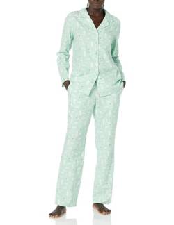 Amazon Essentials Damen Flanell-Schlafanzug mit Shirt mit Langen Ärmeln und Knopfleiste vorne und Hose, Minzgrün Waldtiere, XS von Amazon Essentials
