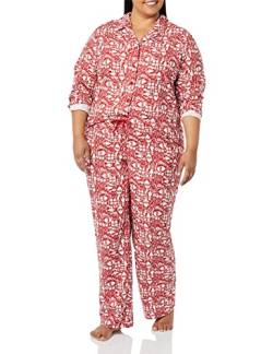 Amazon Essentials Damen Flanell-Schlafanzug mit Shirt mit Langen Ärmeln und Knopfleiste vorne und Hose, Rot Weihnachtsmann, XXS von Amazon Essentials