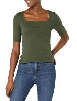 Amazon Essentials Damen Halbarm-T-Shirt mit eckigem Ausschnitt in schmaler Passform, Olivgrün, L von Amazon Essentials