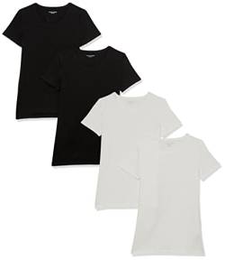 Amazon Essentials Damen Kurzärmeliges T-Shirt mit Rundhalsausschnitt, Klassischer Schnitt, 4er-Pack, Schwarz/Weiß, XS von Amazon Essentials