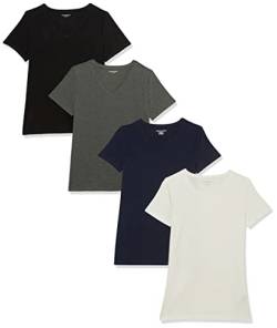 Amazon Essentials Damen Kurzärmeliges T-Shirt mit Rundhalsausschnitt, Klassischer Schnitt, 4er-Pack, Weiß/Kohlegrau Meliert/Marineblau, XL von Amazon Essentials