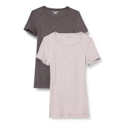 Amazon Essentials Damen Kurzärmeliges T-Shirt mit Rundhalsausschnitt, Schmale Passform, 2er-Pack, Kohlegrau Meliert/Hellgrau Meliert, L von Amazon Essentials