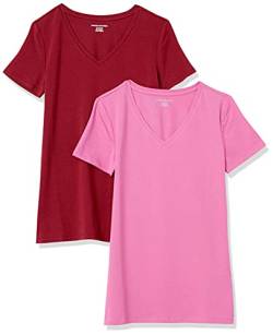 Amazon Essentials Damen Kurzärmeliges T-Shirt mit V-Ausschnitt, Klassischer Schnitt, 2er-Pack, Burgunderrot/Rosa, S von Amazon Essentials