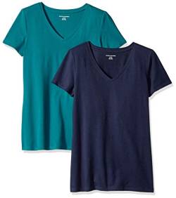 Amazon Essentials Damen Kurzärmeliges T-Shirt mit V-Ausschnitt, Klassischer Schnitt, 2er-Pack, Dunkelgrün/Marineblau, S von Amazon Essentials