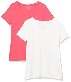 Amazon Essentials Damen Kurzärmeliges T-Shirt mit V-Ausschnitt, Klassischer Schnitt, 2er-Pack, Kräftiges Rosa/Weiß, L von Amazon Essentials