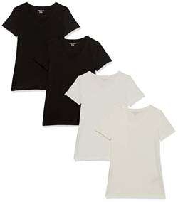 Amazon Essentials Damen Kurzärmeliges T-Shirt mit V-Ausschnitt, Klassischer Schnitt, 4er-Pack, Schwarz/Weiß, M von Amazon Essentials