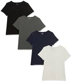 Amazon Essentials Damen Kurzärmeliges T-Shirt mit V-Ausschnitt, Klassischer Schnitt, 4er-Pack, Weiß/Kohlegrau Meliert/Marineblau, XS von Amazon Essentials