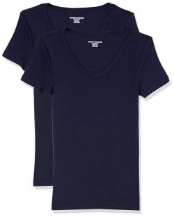 Amazon Essentials Damen Kurzärmeliges T-Shirt mit V-Ausschnitt, Schmale Passform, 2er-Pack, Marineblau, L von Amazon Essentials