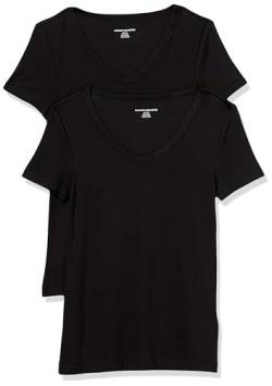 Amazon Essentials Damen Kurzärmeliges T-Shirt mit V-Ausschnitt, Schmale Passform, 2er-Pack, Schwarz, L von Amazon Essentials