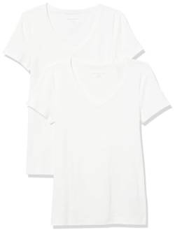 Amazon Essentials Damen Kurzärmeliges T-Shirt mit V-Ausschnitt, Schmale Passform, 2er-Pack, Weiß, S von Amazon Essentials