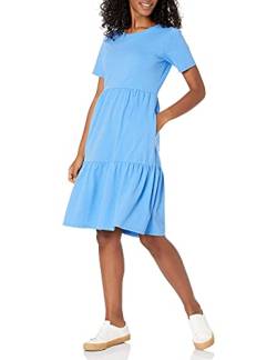 Amazon Essentials Damen Kurzärmliges, gestuftes Kleid mit Rundhalsausschnitt, Blau, L von Amazon Essentials