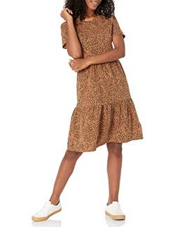 Amazon Essentials Damen Kurzärmliges, gestuftes Kleid mit Rundhalsausschnitt, Dunkles Kamelbraun Leopardenmuster, M von Amazon Essentials