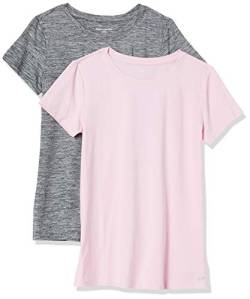 Amazon Essentials Damen Kurzärmliges Tech-Stretch-T-Shirt mit Rundhalsausschnitt (in Übergröße erhältlich), 2er-Pack, Grau Space-dye/Hellrosa, L von Amazon Essentials