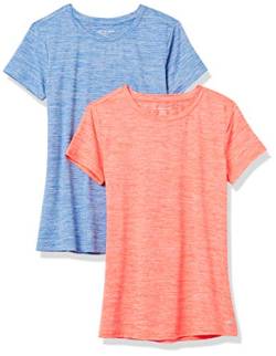 Amazon Essentials Damen Kurzärmliges Tech-Stretch-T-Shirt mit Rundhalsausschnitt (in Übergröße erhältlich), 2er-Pack, Hellblau Space-dye/Korallenorange Space-dye, XXL von Amazon Essentials