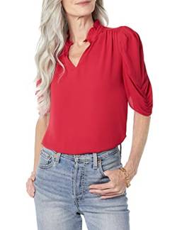 Amazon Essentials Damen Leichte, gewebte Georgette-Bluse mit halben Ärmeln und Rüschenausschnitt, Himbeerrot, XL von Amazon Essentials