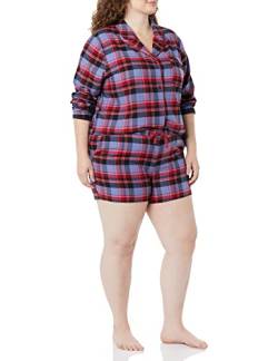 Amazon Essentials Damen Leichter Schlafanzug aus Flanell-Gewebe mit Shorts, Blau Gemischter Tartan, XS von Amazon Essentials