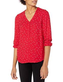 Amazon Essentials Damen Popover-Hemd mit 3/4-Ärmeln und Knöpfen, Rot Leafy Floral, L von Amazon Essentials