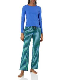 Amazon Essentials Damen Schlaf-Set leichte Flanellhose und langärmeliges-T-Shirt (in Übergröße erhältlich), Blau Grün Streifen, 3XL Große Größen von Amazon Essentials