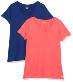 Amazon Essentials Damen Tech-Stretch-T-Shirt mit kurzen Ärmeln und V-Ausschnitt (erhältlich in Übergröße), 2er-Pack, Korallenorange/Marineblau, M von Amazon Essentials