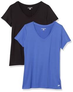 Amazon Essentials Damen Tech-Stretch-T-Shirt mit kurzen Ärmeln und V-Ausschnitt (erhältlich in Übergröße), 2er-Pack, Kräftiges Blau/Schwarz, L von Amazon Essentials