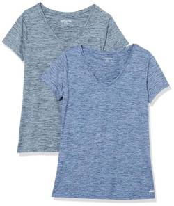 Amazon Essentials Damen Tech-Stretch-T-Shirt mit kurzen Ärmeln und V-Ausschnitt (erhältlich in Übergröße), 2er-Pack, Marineblau Heidekraut/Schwarz Heide, L von Amazon Essentials