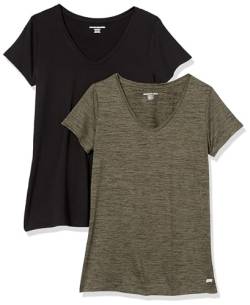 Amazon Essentials Damen Tech-Stretch-T-Shirt mit kurzen Ärmeln und V-Ausschnitt (erhältlich in Übergröße), 2er-Pack, Olivgrün Space-dye/Schwarz, XL von Amazon Essentials