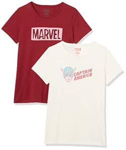 Amazon Essentials Disney | Marvel | Star Wars | Princess Damen Kurzärmeliges T-Shirt mit Rundhalsausschnitt (erhältlich in Übergröße), 2er-Pack, Captain America, L von Amazon Essentials