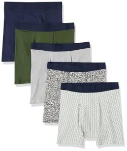 Amazon Essentials Herren Boxershorts ohne Etikett, 5er-Pack, Grau Meliert/Grün Floral/Marineblau/Olivgrün/Rugby Aufdruck, S von Amazon Essentials