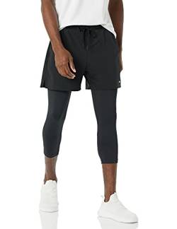 Amazon Essentials Herren Gewebte Doppellagige Laufshorts aus Feuchtigkeitsableitendem Material, Schwarz, S von Amazon Essentials