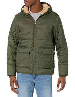 Amazon Essentials Herren Langärmelige, Wasserabweisende Pufferjacke mit Sherpa-Futter, Dunkles Olivgrün, L von Amazon Essentials