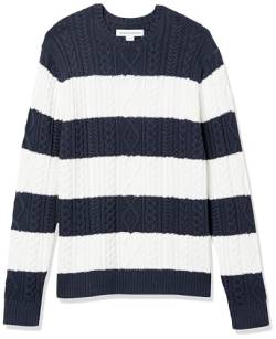 Amazon Essentials Herren Pullover mit Langen Ärmeln und Rundhalsausschnitt aus 100% Baumwolle mit Zopfmuster, Marineblau Weiß Rugby-Streifen, XS von Amazon Essentials