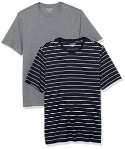 Amazon Essentials Herren T-Shirt mit kurzen Ärmeln, Rundhalsausschnitt und Tasche in normaler Passform, 2er-Pack, Grau Meliert/Marineblau Streifen, XS von Amazon Essentials