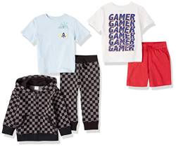 Amazon Essentials Jungen Jogginganzug, T-Shirts, Shorts Zum Kombinieren Outfit/Geschenksets, Blassblau/Rot/Schwarz Kariert/Weiß Videospieler, 4 Jahre von Amazon Essentials