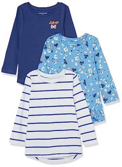 Amazon Essentials Mädchen Tunika-Shirts mit Langen Ärmeln, 3er-Pack, Hellblau Floral/Marineblau/Weiß Streifen, 3 Jahre von Amazon Essentials